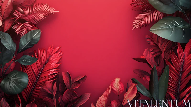 High-contrast tropical foliage frames smooth red gradient void