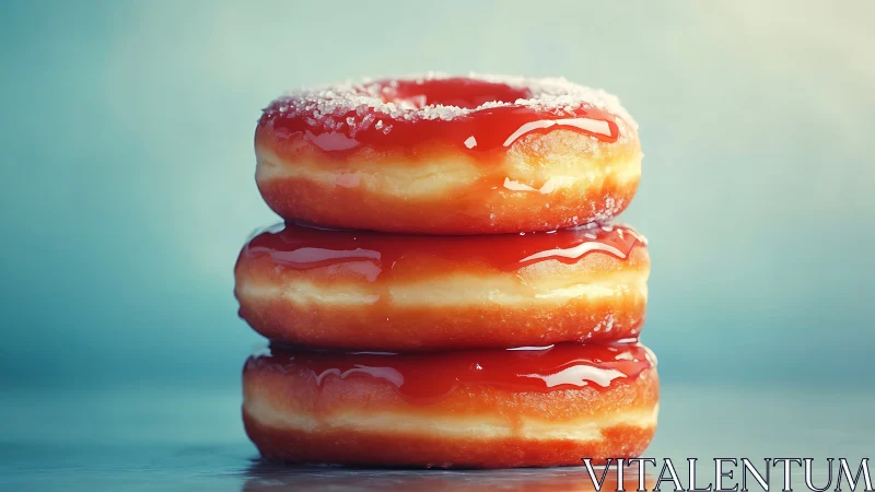 Glazed donuts stack gleams softly against a cool pastel backdrop