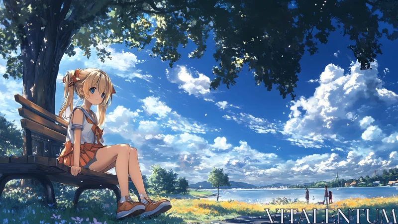 Anime girl on lakeside bench under bright summer sky.