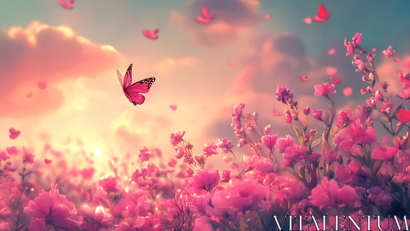 Pink butterfly over glowing floral field at sunset.