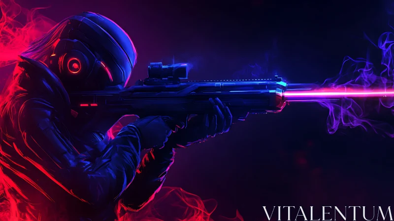 Cybernetic sniper ignites neon-lit battlefield with laser fire.