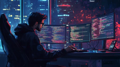 Cyberpunk programmer at triple monitors in neon cityscape