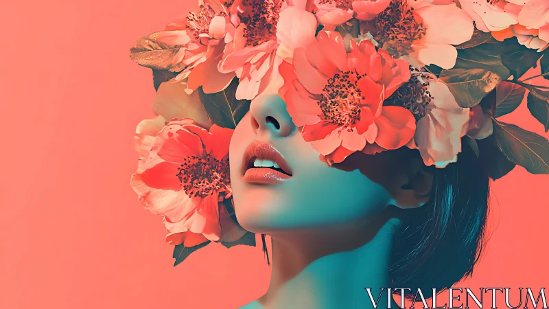 Digital portrait of woman with face obscured by large flowers