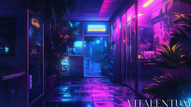 Neon hallway glows with cyberpunk office storefronts.