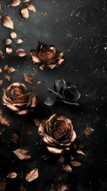 Metallic Roses on Dark Surface with Golden Particles.