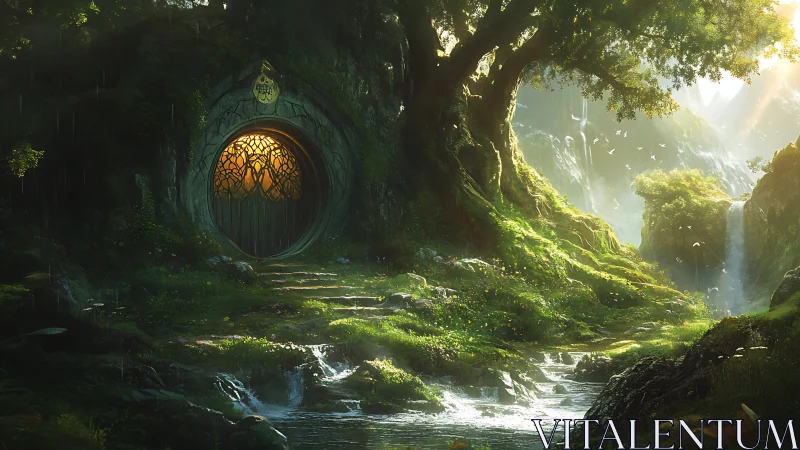 Enchanted forest doorway glows beneath an ancient tree.