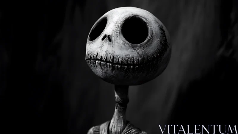 Monochrome skeletal doll portrait against dark backdrop.