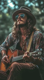 Bohemian guitarist in outdoor bokeh light with acoustic dreadnought