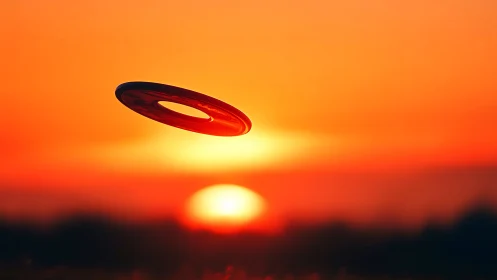 Flying disc glides through a blazing orange summer sunset sky