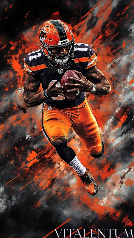 Explosive gridiron runner in dynamic orange energy burst.