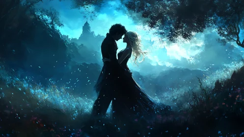 Silhouetted Couple Embracing Beneath Luminous Castle in Mystical Blue Landscape