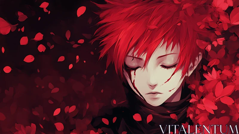Red haired anime figure with closed eyes and falling petals.