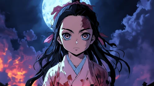Young female figure stands under full moon with bloodstains