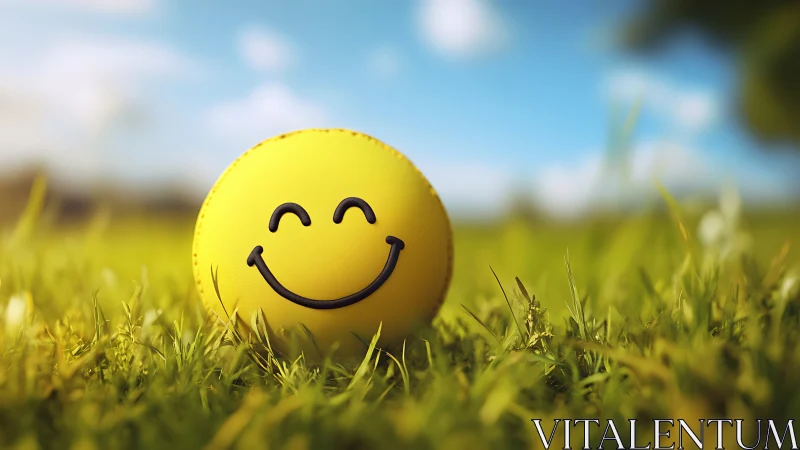 Photorealistic smiley ball in shallow-focus meadow setting.