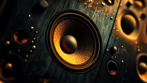 Glowing golden speakers pulsing with rich, cinematic sound.