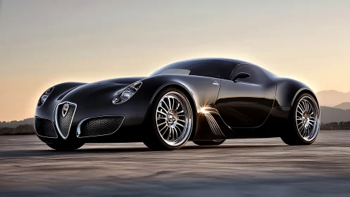 Low-angle render shows aerodynamic black supercar with reflective bodywork