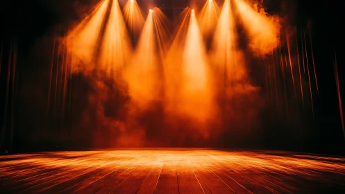 Empty wooden stage glows under dramatic orange spotlights