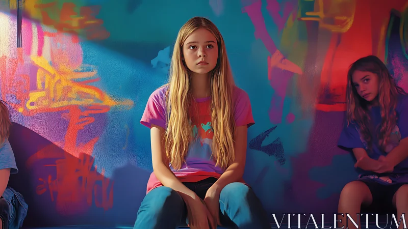 Pensive preteen girl against neon graffiti wall, shallow depth