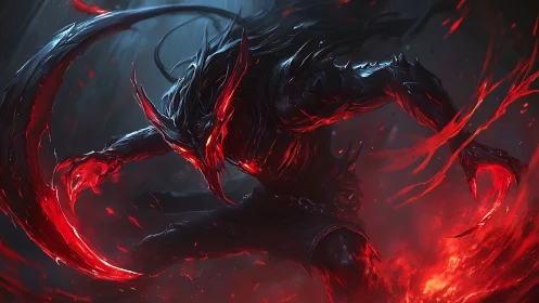 Shadowflame warrior rising from stormlit crimson chaos.