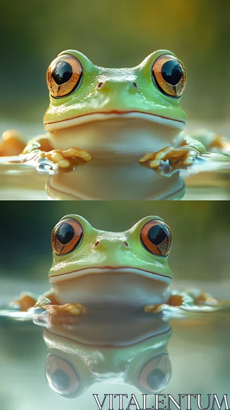 Tree frog rests in still water with mirrored reflection