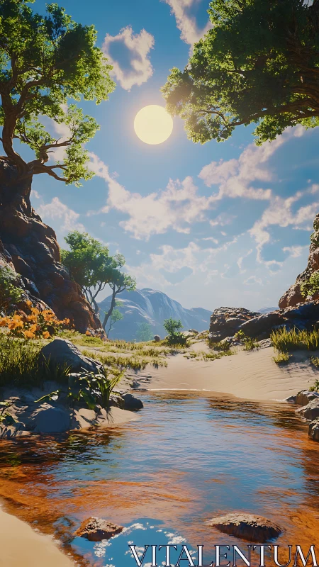 High-noon desert creek with rocky outcrops and distant peaks