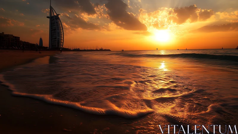 Sunlit surf whispers toward Dubai’s sail shaped skyline