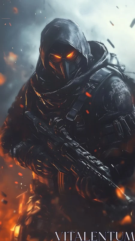 Ember-eyed shadow sentinel stalks through the war-torn blaze