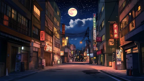 Quiet anime city street under full moon at night.