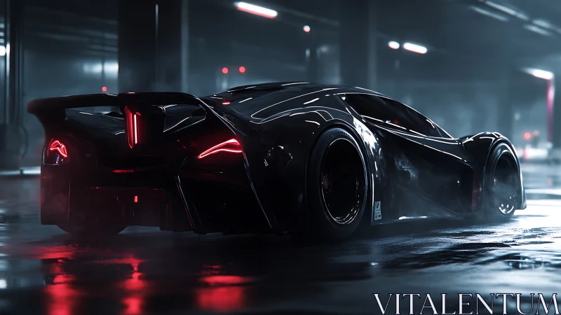 3D hypercar in neon-lit parking hangar, cinematic rear profile.