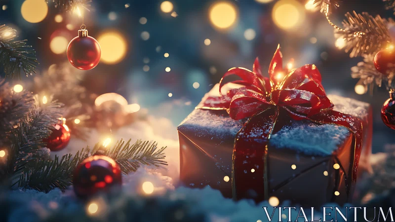 Photorealistic Christmas gift still life with bokeh lighting.