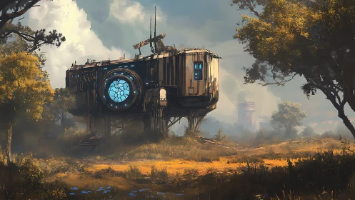 Isolated elevated module in overgrown rural landscape.