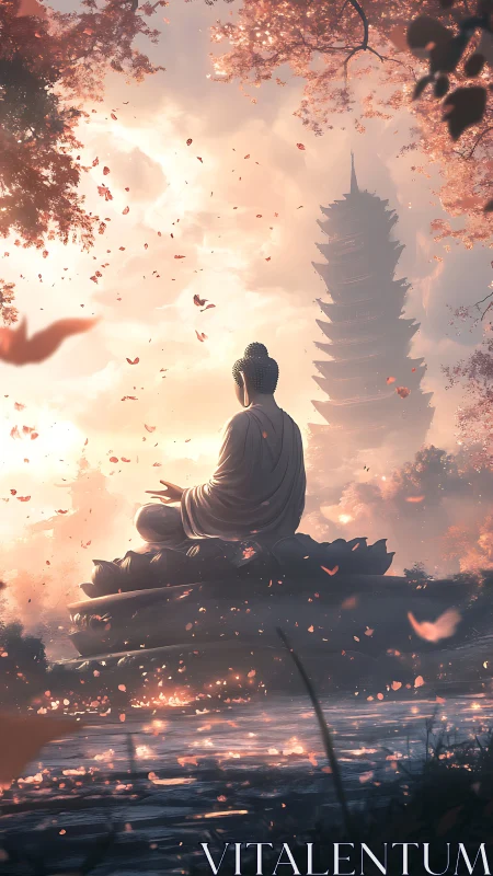 Serene Buddha statue overlooks misty pagoda at sunrise.
