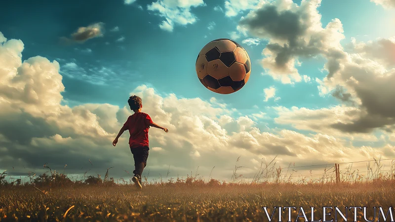 Skywide soccer dreamscape where childhood chases gravity.