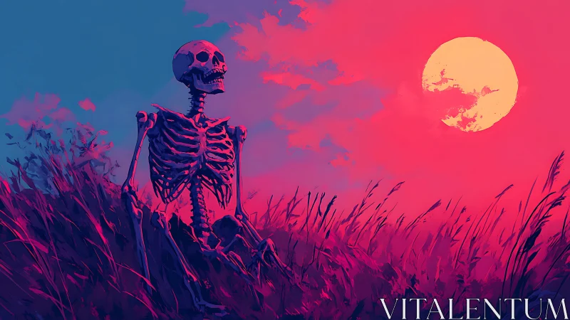 Skeleton under neon sunset sky in windswept grass field.
