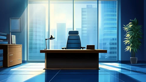 Executive office interior with panoramic urban skyline view