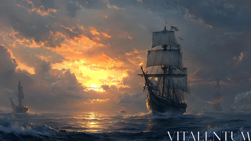 Tall sailing ship moves through rough sea under dense clouds