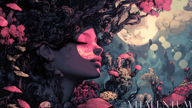 Human profile integrates with organic forms under full moon