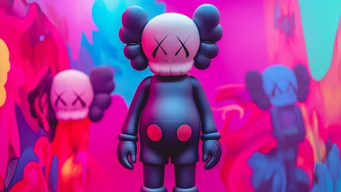 Pop vinyl-style figure stands in neon abstract gradient space