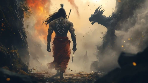 Warrior stands before dragon in dense smoke and fire