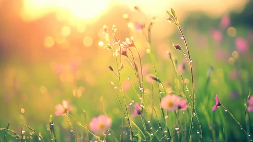 Sunlit wildflowers whisper under dew-kissed morning glow.