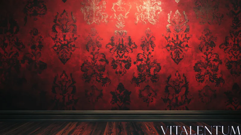 Red damask patterned wall with wood floor and baseboard.