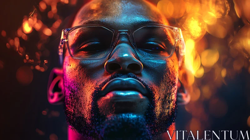 High-contrast neon portrait with reflective glasses and bokeh fire