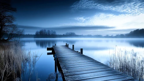 Wooden pier extends into calm blue misty lakeside scene
