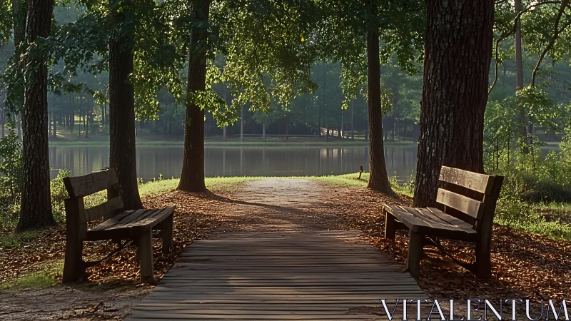 Morning light welcomes quiet benches beside a peaceful lake
