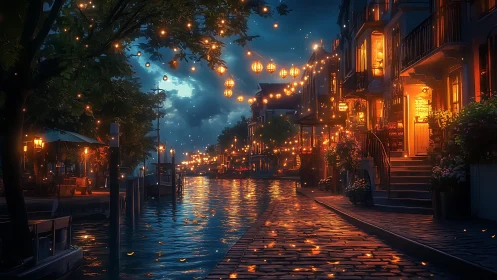 Canal street at night with warm lantern lights and reflections.