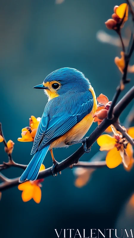 Blue songbird on flowering branch in teal bokeh glow.