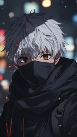 Hooded anime teen with white hair and mask in bokeh night city