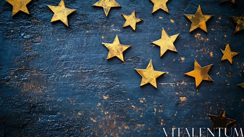 Metallic golden stars on distressed ultramarine surface.