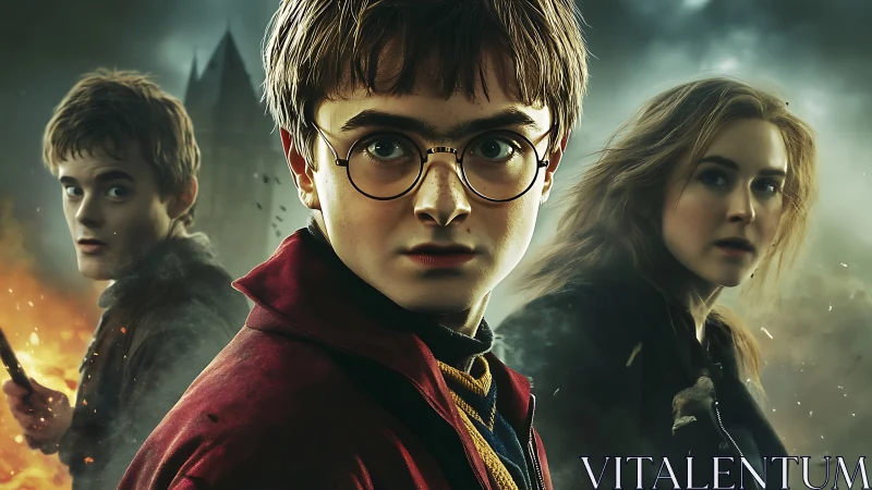 Young wizarding friends stand brave in stormy magic.