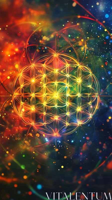 Sacred geometric sphere glowing in cosmic nebula field.